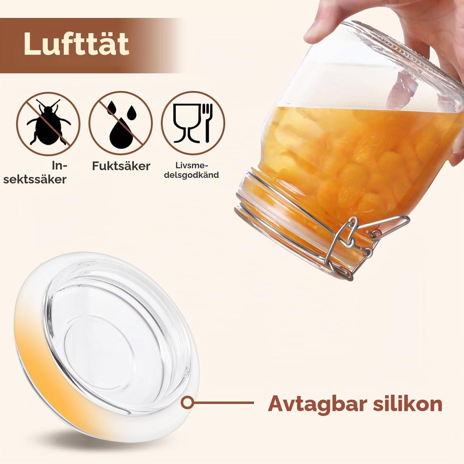 Detalle de ComSaf lufttäta glasburkar, 1 l, 3-pack med fyrkantig form och snäpplock