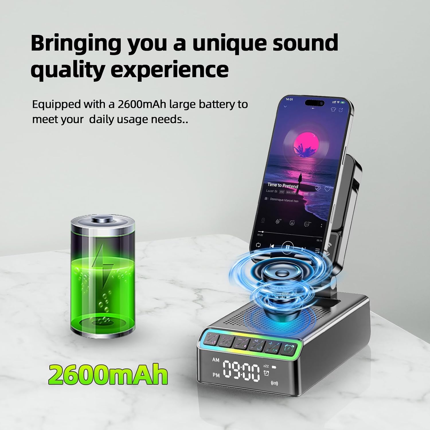 Thumbnail 5 de Bluetooth-Lautsprecher mit Handyhalterung 9-in-1 – Bluetooth 6.0, INDuktions Halterung, Wecker & RGB-Licht