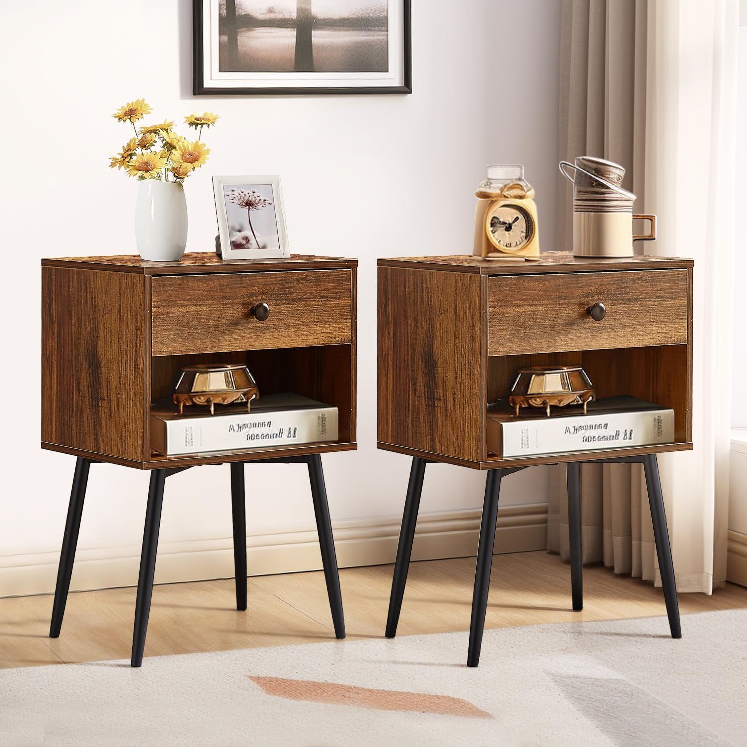 Detalle de VECELO Wood-Frame Nightstands
