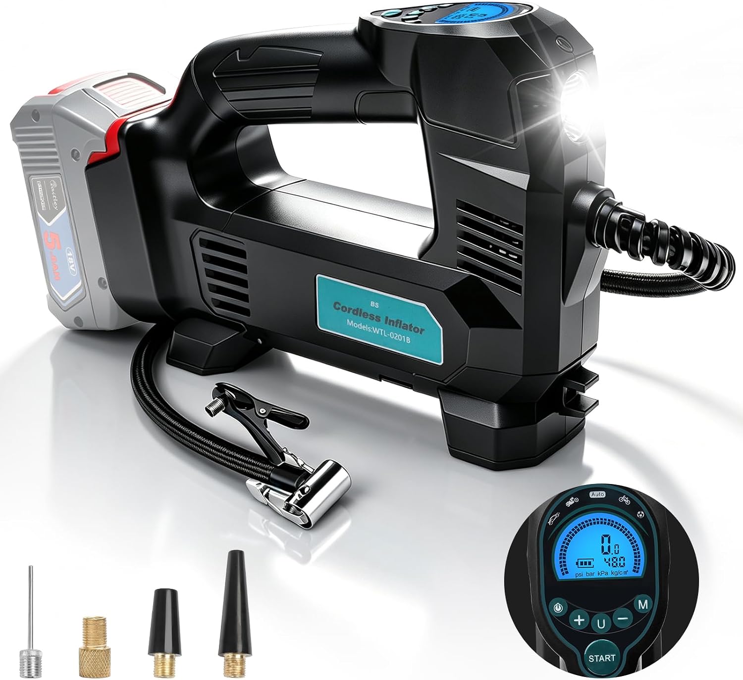 Waitley Akku-Luftkompressor für Bosch 18V Akkus (max. 11 bar) mit digitalem Manometer – für Auto, Motorrad, Fahrrad & Bälle
