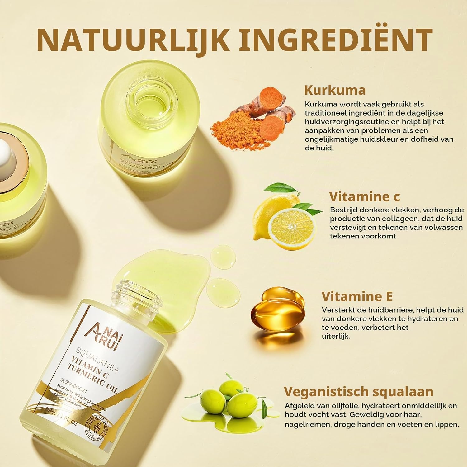 Detalle de ANAI RUI vitamine C-gezichtsolie met squalaan en kurkuma, 30 ml