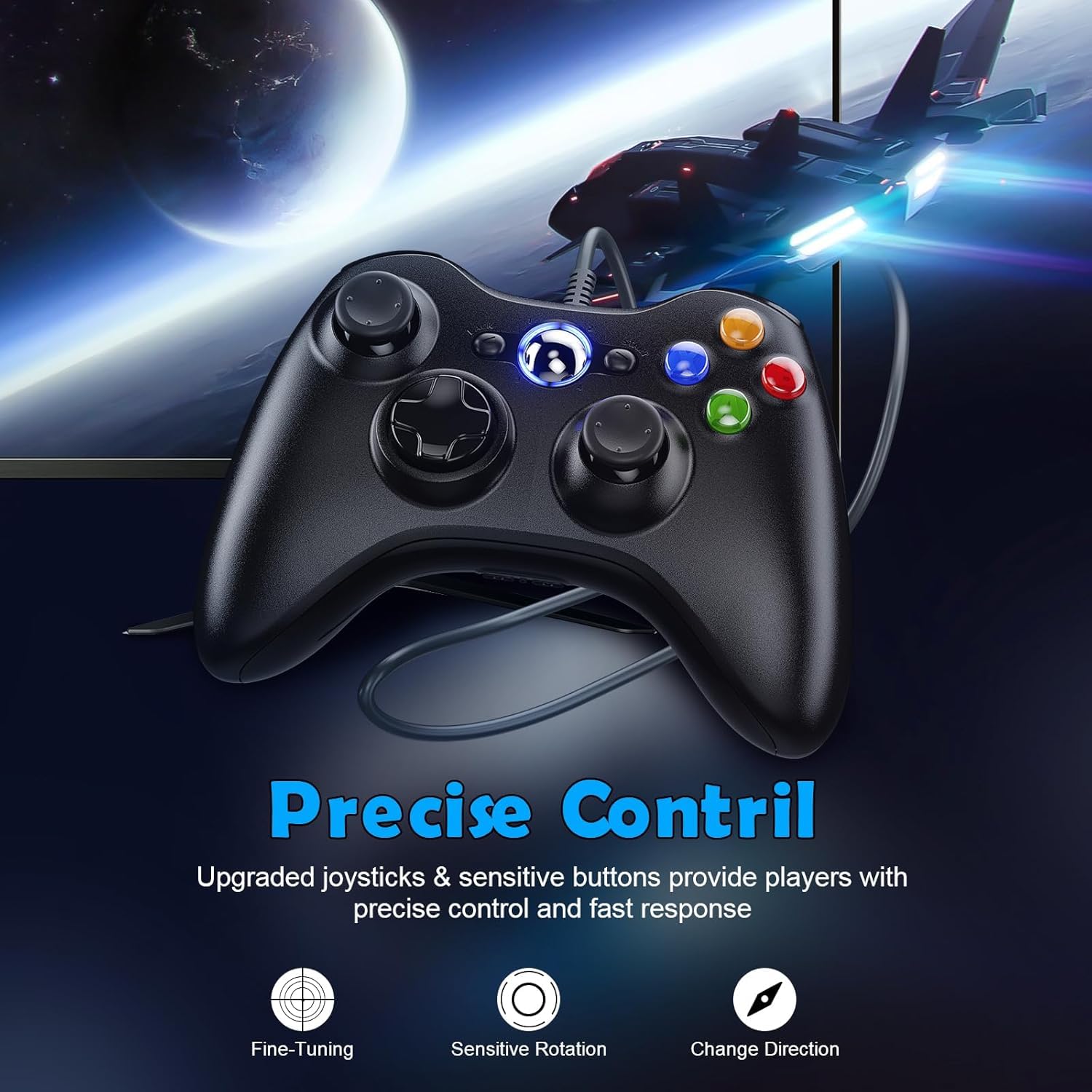 Detalle de Dinosoo 10ft Wired Xbox 360/PC Controller (2 Pack) with Upgraded Joystick, Dual Vibration, and 2.5mm Audio Jack