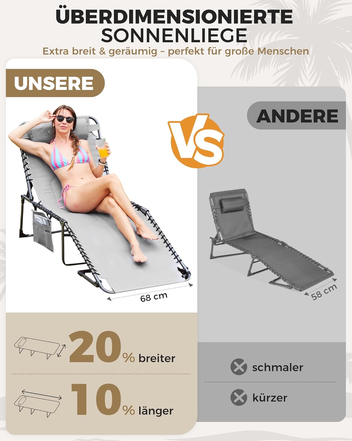 Detalle de KingCamp Übergroße Sonnenliege Klappbar 5-Fach Verstellbar – 200 x 68 cm, bis 200 kg, inkl. Kopfkissen & Seitentasche