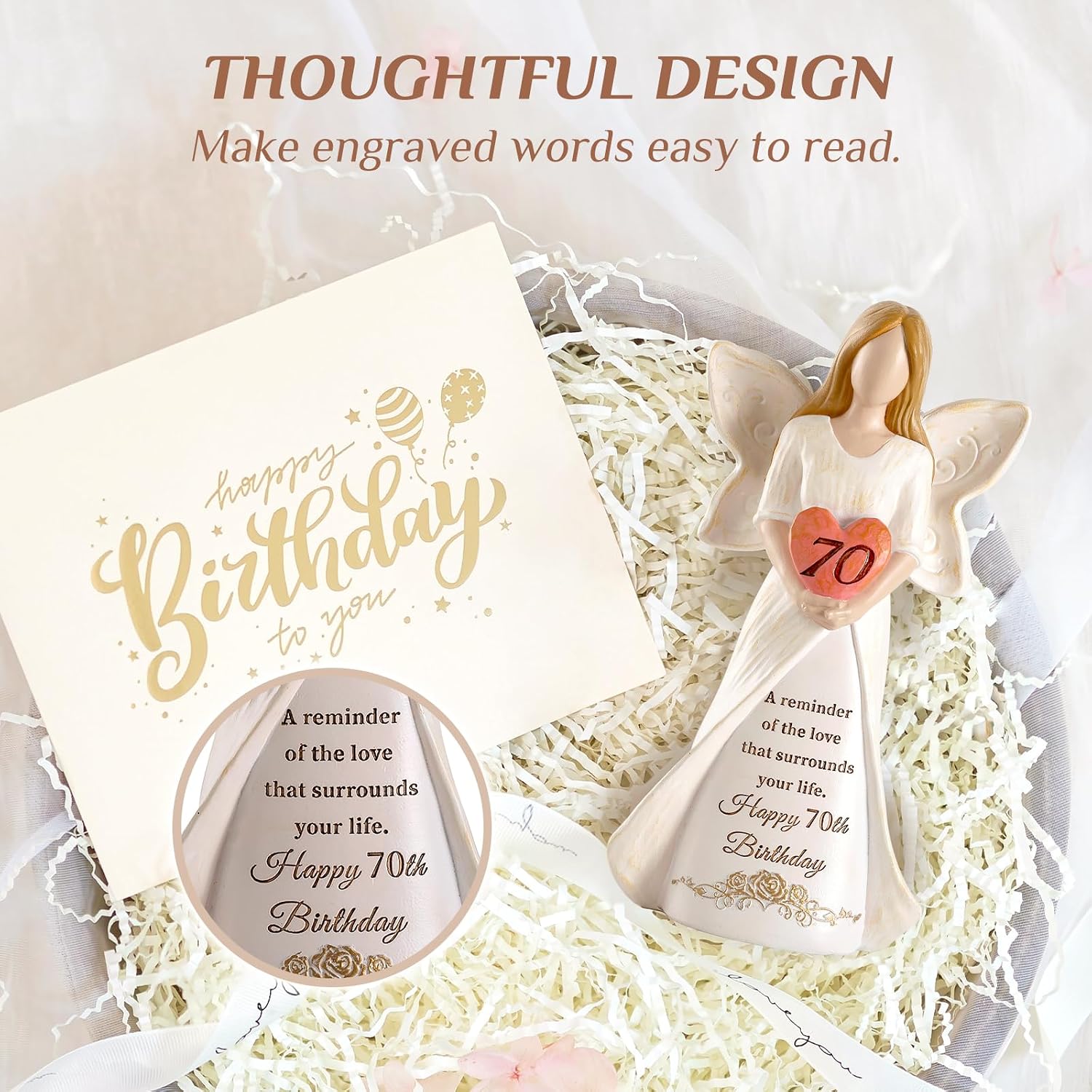 Detalle 2 de Storieme 70th Birthday Angel Figurine (Hand-Painted Resin) – 19cm Heart-Craddling Tribute Gift-Ready