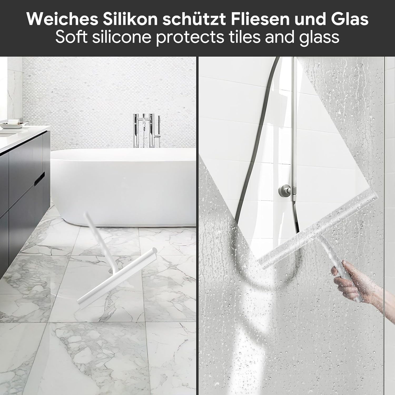 Thumbnail 2 de ecōoe Silicone Raclette de douche pour vitre et carrelage, 33 cm, crochet sans perçage, blanc