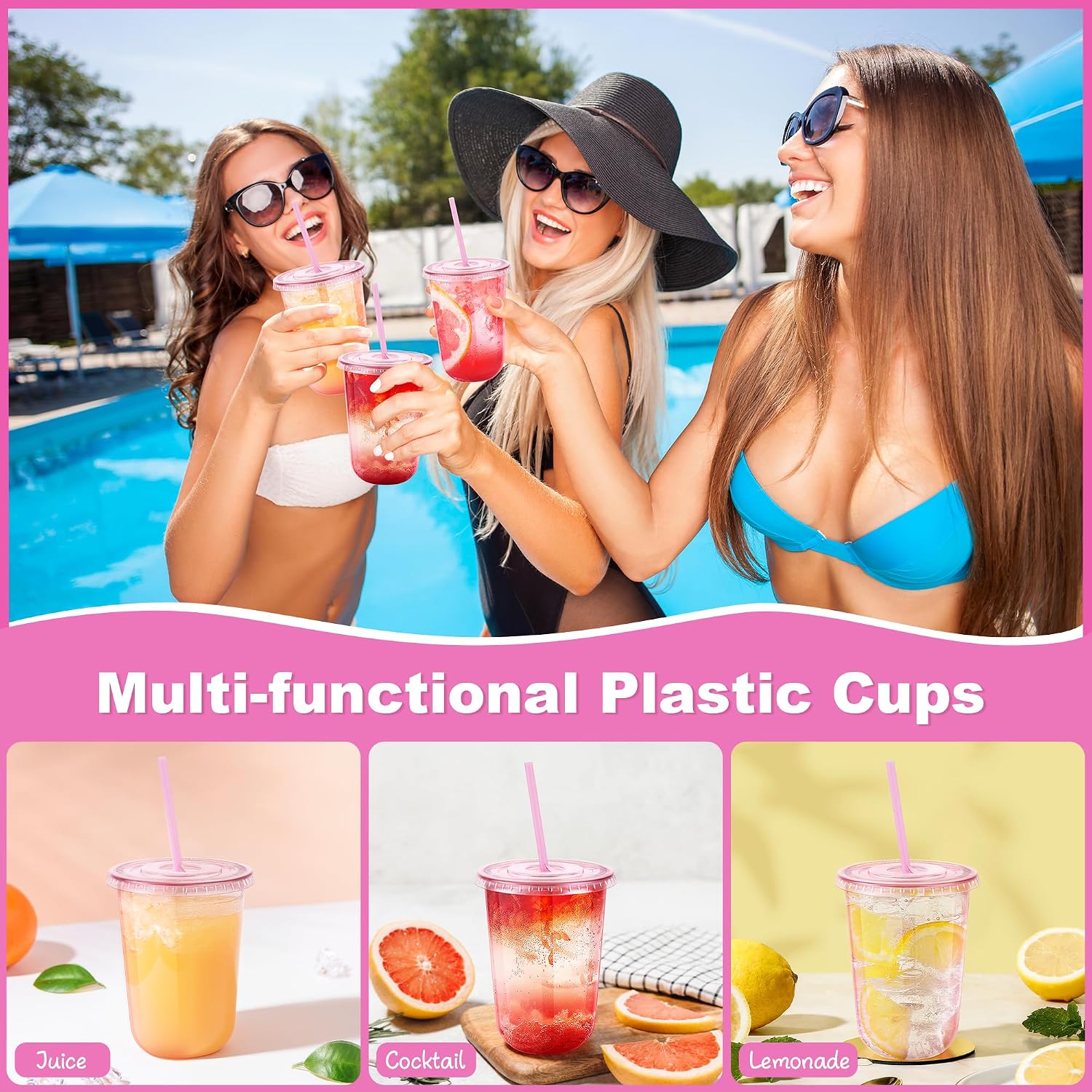 Thumbnail 6 de KesaPlan 50 Pack 16 oz Pink Plastic Party Cups with Lids and Straws