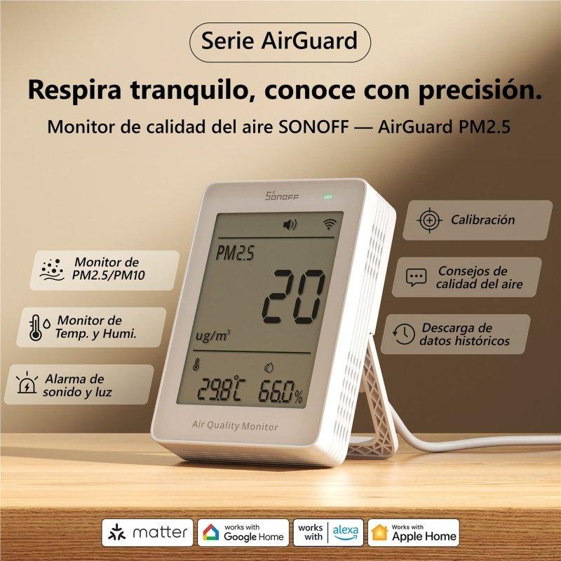 Detalle 2 de Monitor de calidad del aire Sonoff Airguard PM2.5 PM10 – Wi‑Fi Matter, USB-C, Blanco