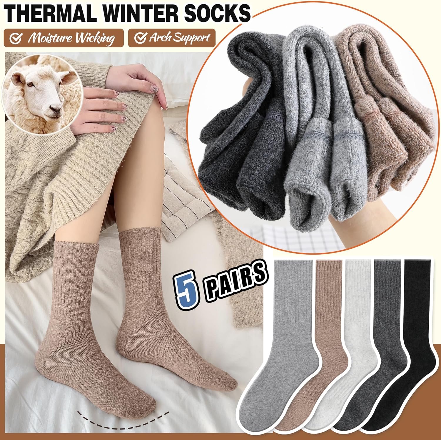 Detalle de EBMORE Womens Merino Wool Thermal Socks 5 pack
