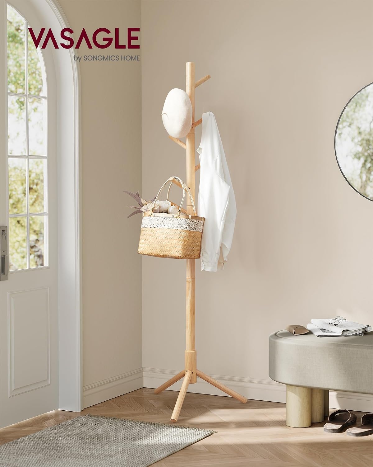 Detalle 2 de VASAGLE RCR004N01 Solid Wood Coat Stand, 8 Hooks, 3 Height Settings