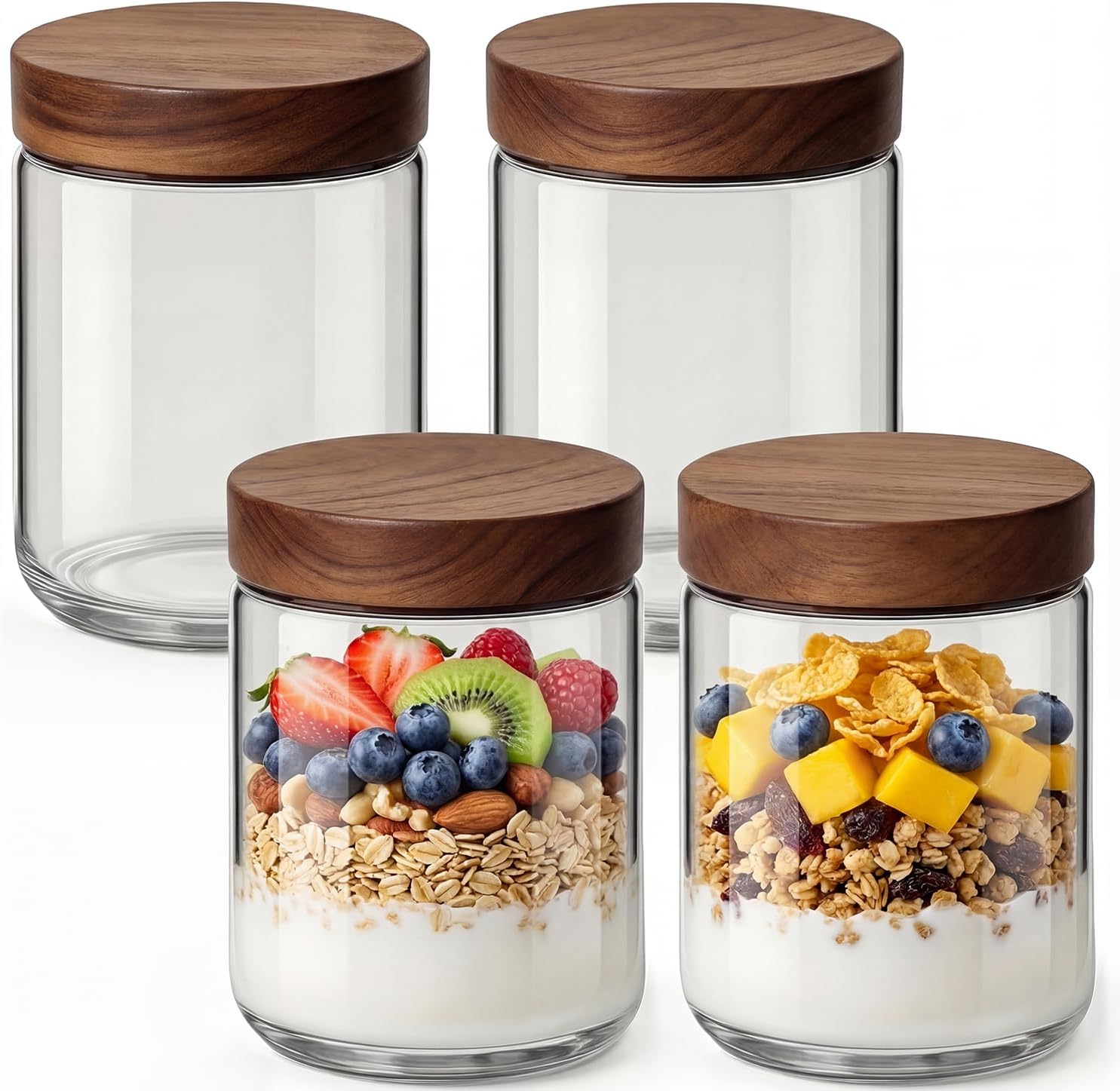 Detalle de Osfel 16oz 4-Pack Overnight Oats Containers with Acacia Wood Airtight Lids (Glass Mason Jars)