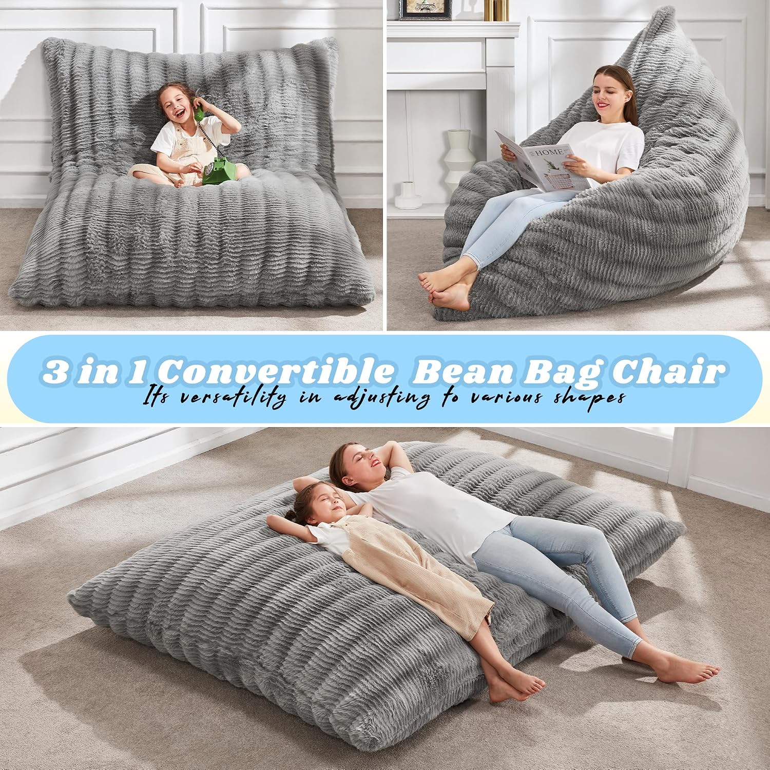 Detalle 2 de Hobestluk NEW035 3-in-1 Convertible Bean Bag Chair, Ripple Gray, Washable Cover