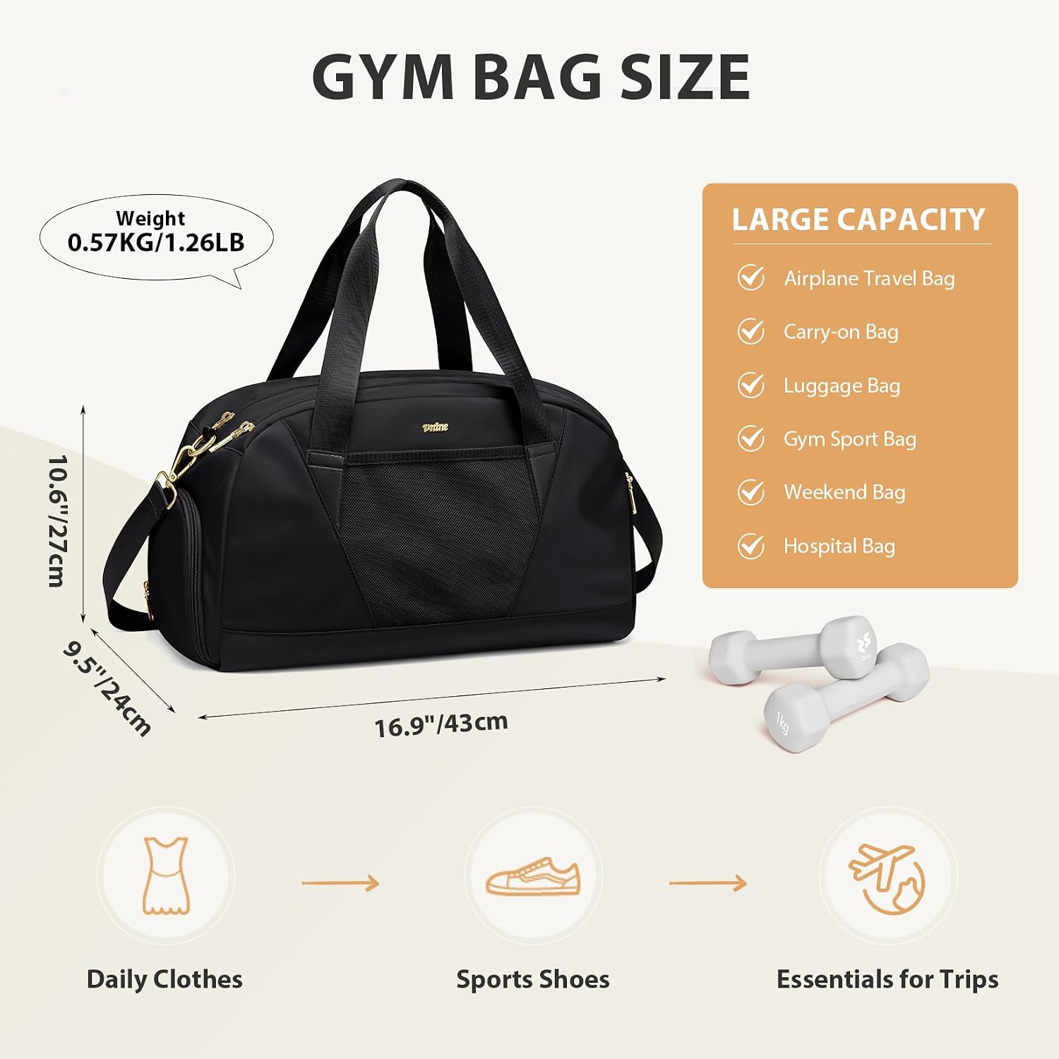 Detalle de VNINE Reisetasche Sporttasche Damen als Weekender-/Handgepäck-Tasche mit wasserdichtem Schuhfach