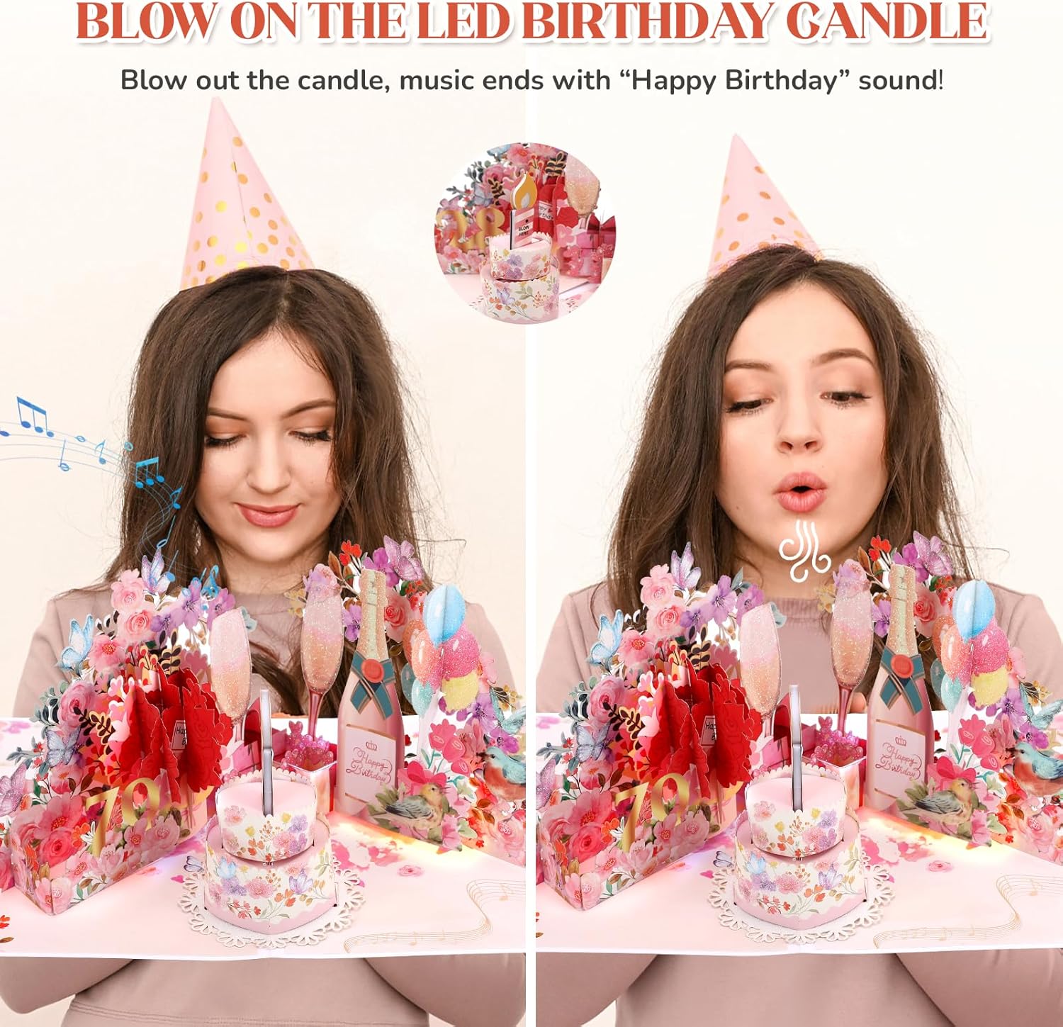 Thumbnail 1 de 70th Birthday Card for Women – Musical Pop-Up with Light and Champagne