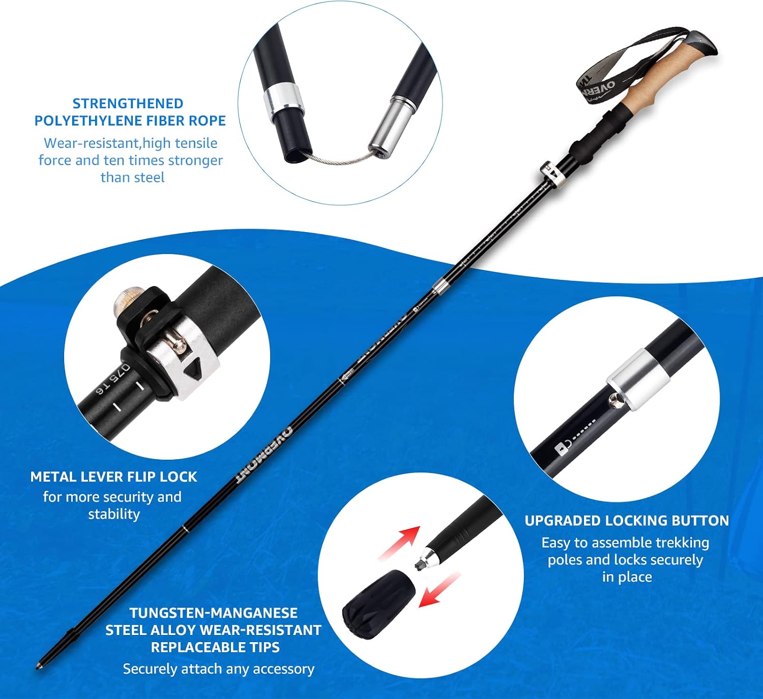 Detalle 2 de Overmont OM-Trekking Poles-Folding-Aluminium wandelstokken, opvouwbaar, 2 stuks