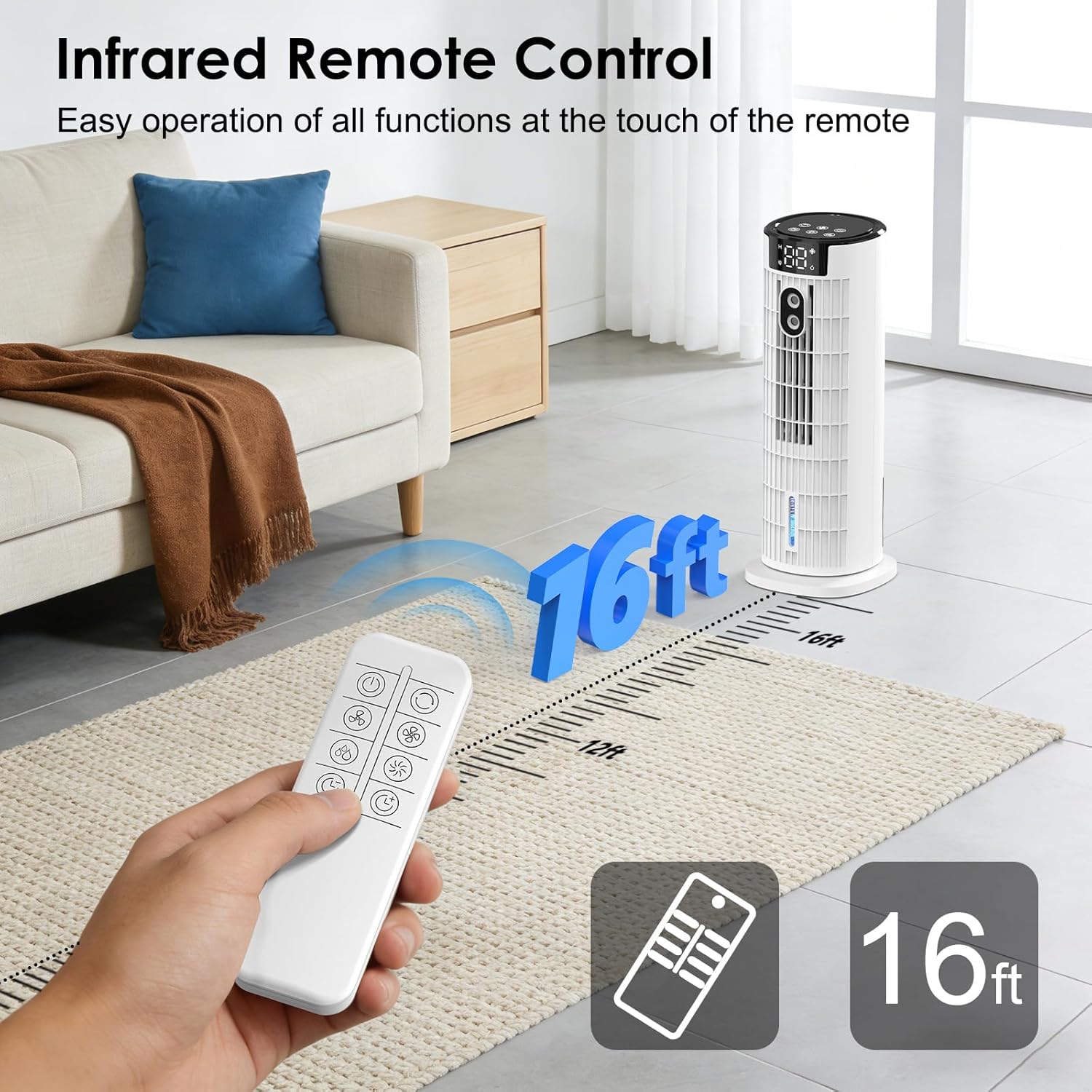 Detalle de Air Cooler Portable Air Conditioner with 3 Speeds, LED Display, and Remote – 90° Oscillation Tower Fan (White)