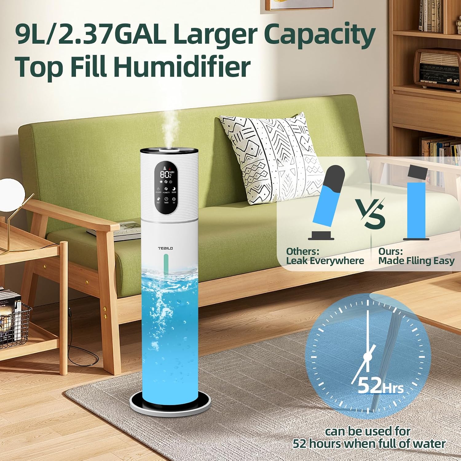 Detalle de Tebild H2008 Ultrasonic Cool-Mist Humidifier, 9 L Top-Fill, Remote Control