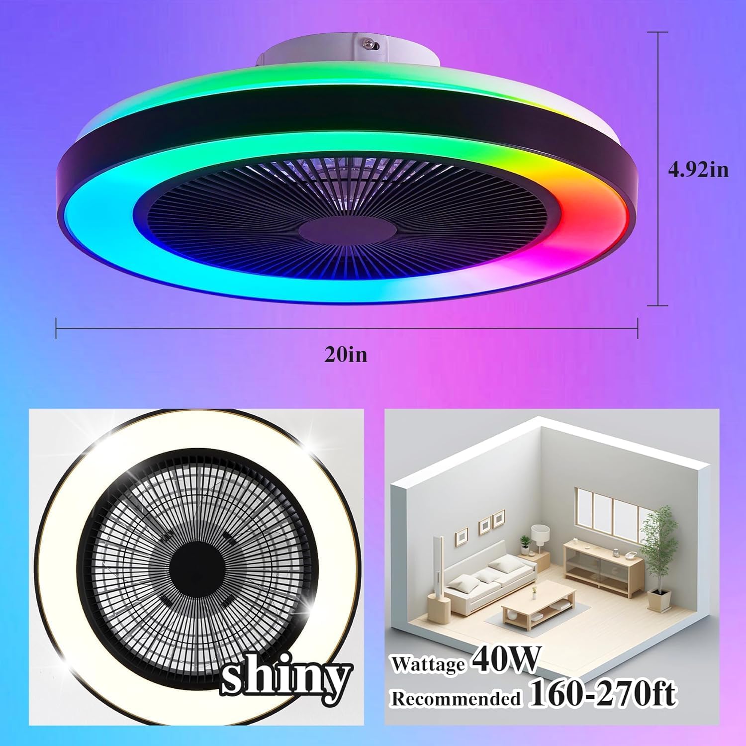 Thumbnail 4 de EKDADL Ventilateur de plafond RGB avec lumière intégrée et télécommande – silencieux, 3 vitesses
