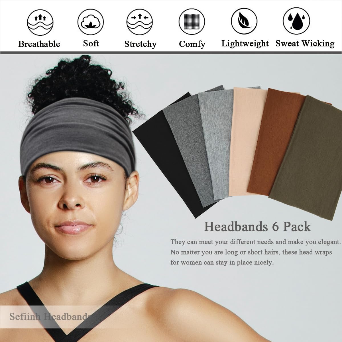 Detalle 2 de Sefiinh 6-Pack Wide Headbands, Stretchy Polyester-Spandex Hair Bands