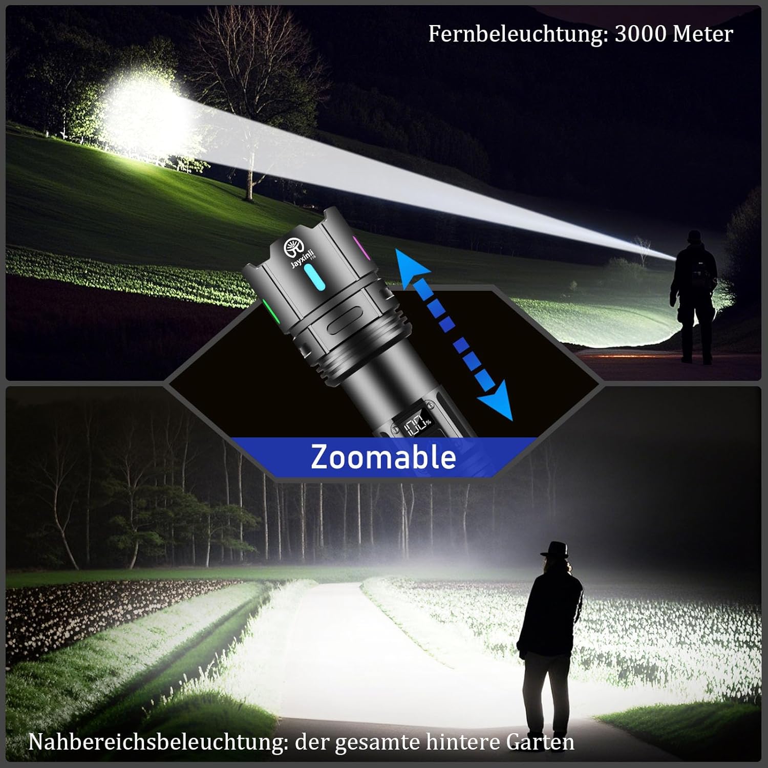 Thumbnail 2 de Jayxinli LED-Taschenlampe mit Akku, LCD-Batterieanzeige, Zoom und IP67