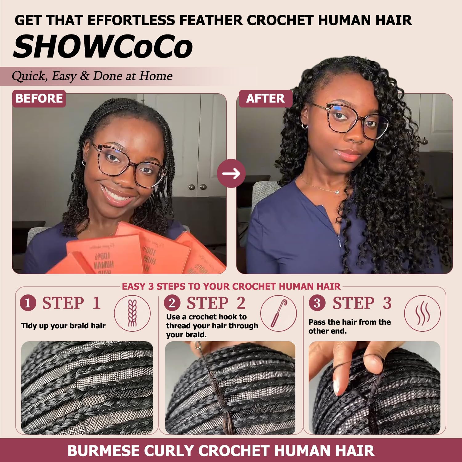 Detalle de Burmese Curly Crochet Human Hair for Black Women, 18 Inch, 125g, 100 Strands Pre-Separated Feather Crochet Hair (Natural Black)