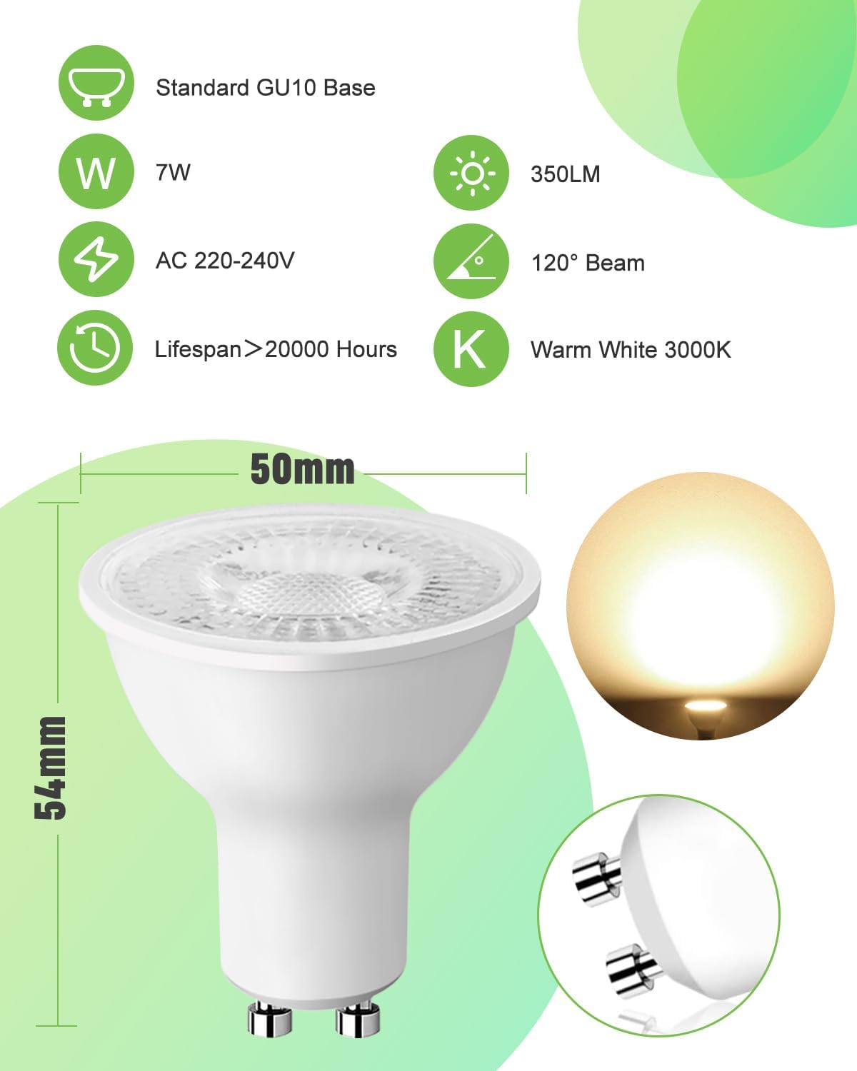 Detalle de MOXTOYU GU10 LED Bulbs, 7W Warm White, 3000K, 350 Lumens, 10-Pack