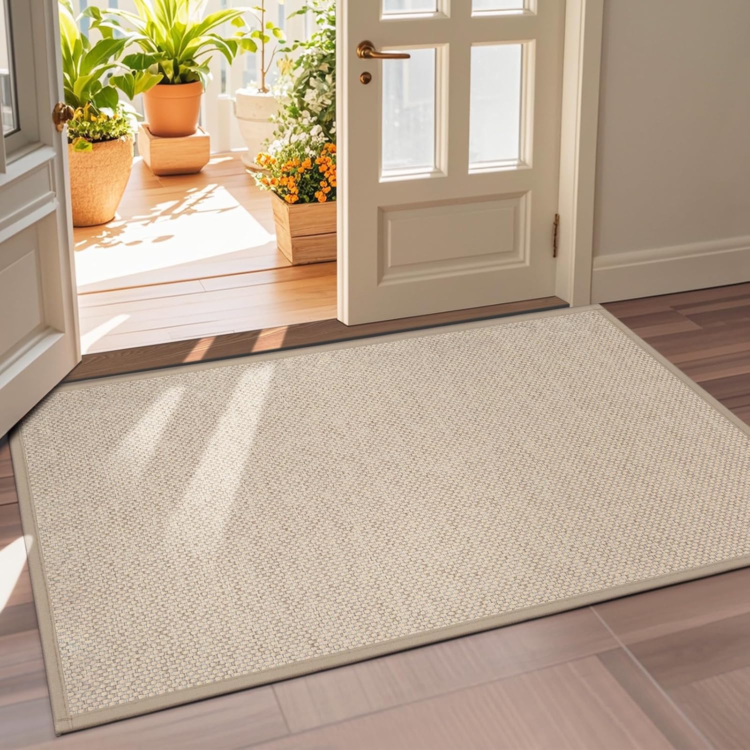 Detalle de LEKEEPGO 36" x 59" Polyester Door Mat, Khaki, Low-Profile Rubber Backing
