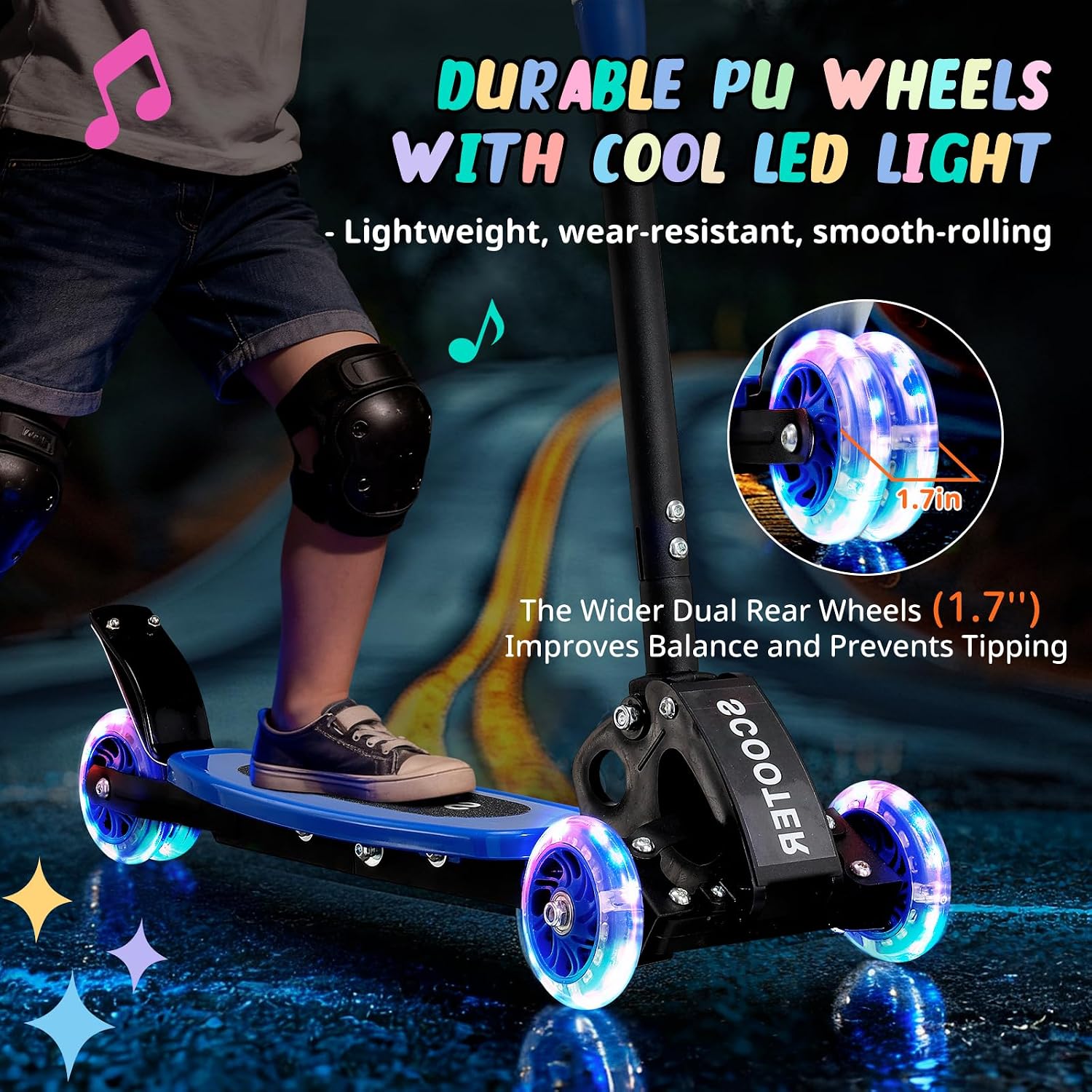 Detalle de Kids 3-Wheel Kick Scooter (Ages 3–7) with Light-Up Wheels, Lean-to-Steer, Adjustable Handlebar