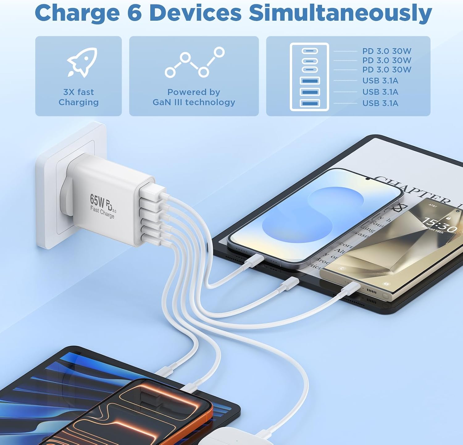 Thumbnail 2 de QZIIW 65W GaN USB-C Fast Charger – 3-Pack UK Multi-Port 6-Port Wall Plug