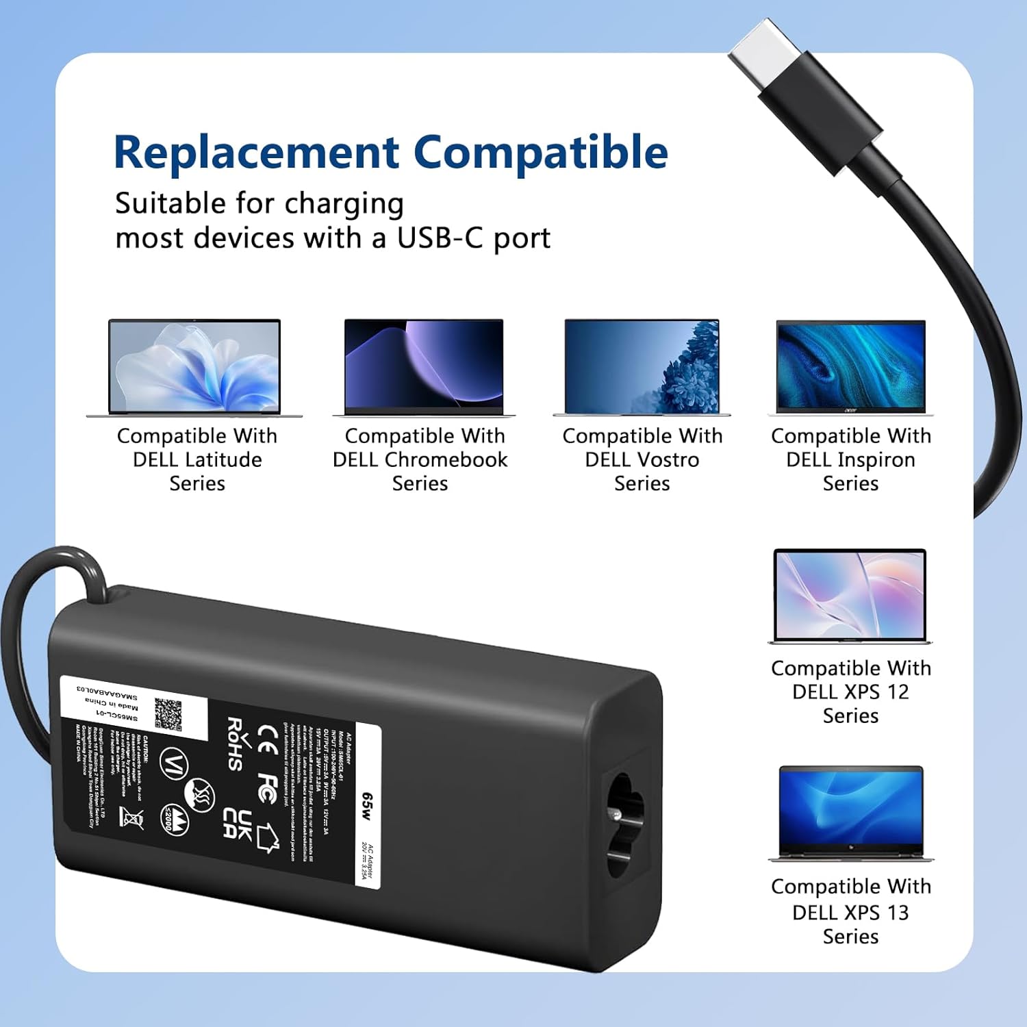 Thumbnail 2 de New 65W USB-C Power Adapter for Dell Latitude, XPS and Chromebook 3100/2-in-1 devices