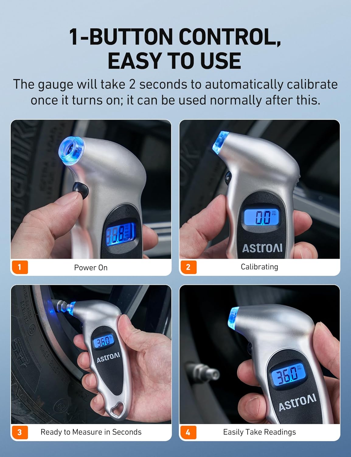Thumbnail 3 de AstroAI Digital Tire Pressure Gauge (0–150 PSI), Backlit LCD, Calibrated to ANSI B40.7, 4-Unit Display + Presta Adaptor (2-Pack)