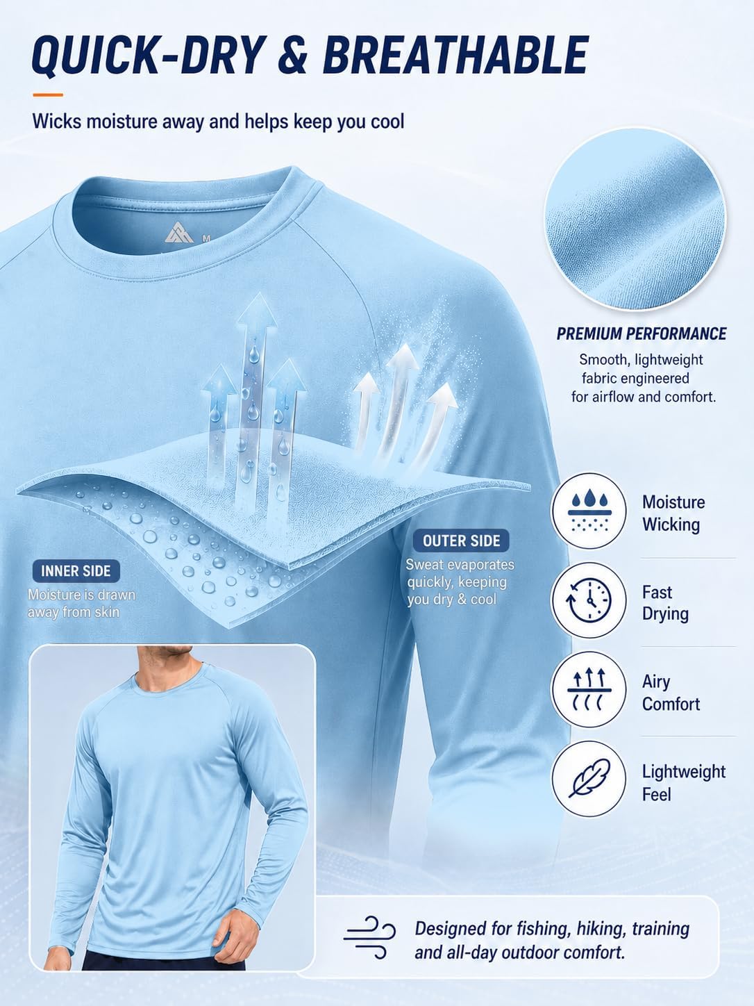 Detalle de Mens Sun Shirt UPF 50+ UV Protection 5 Pack: Long Sleeve Fast-Dry Athletic Tops