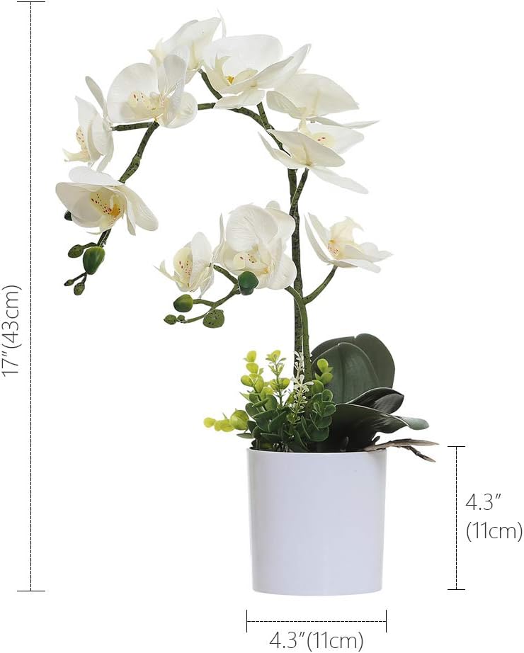 Detalle de Orchidée artificielle blanche dans pot blanc — fleur et plante réalistes pour la maison et le bureau