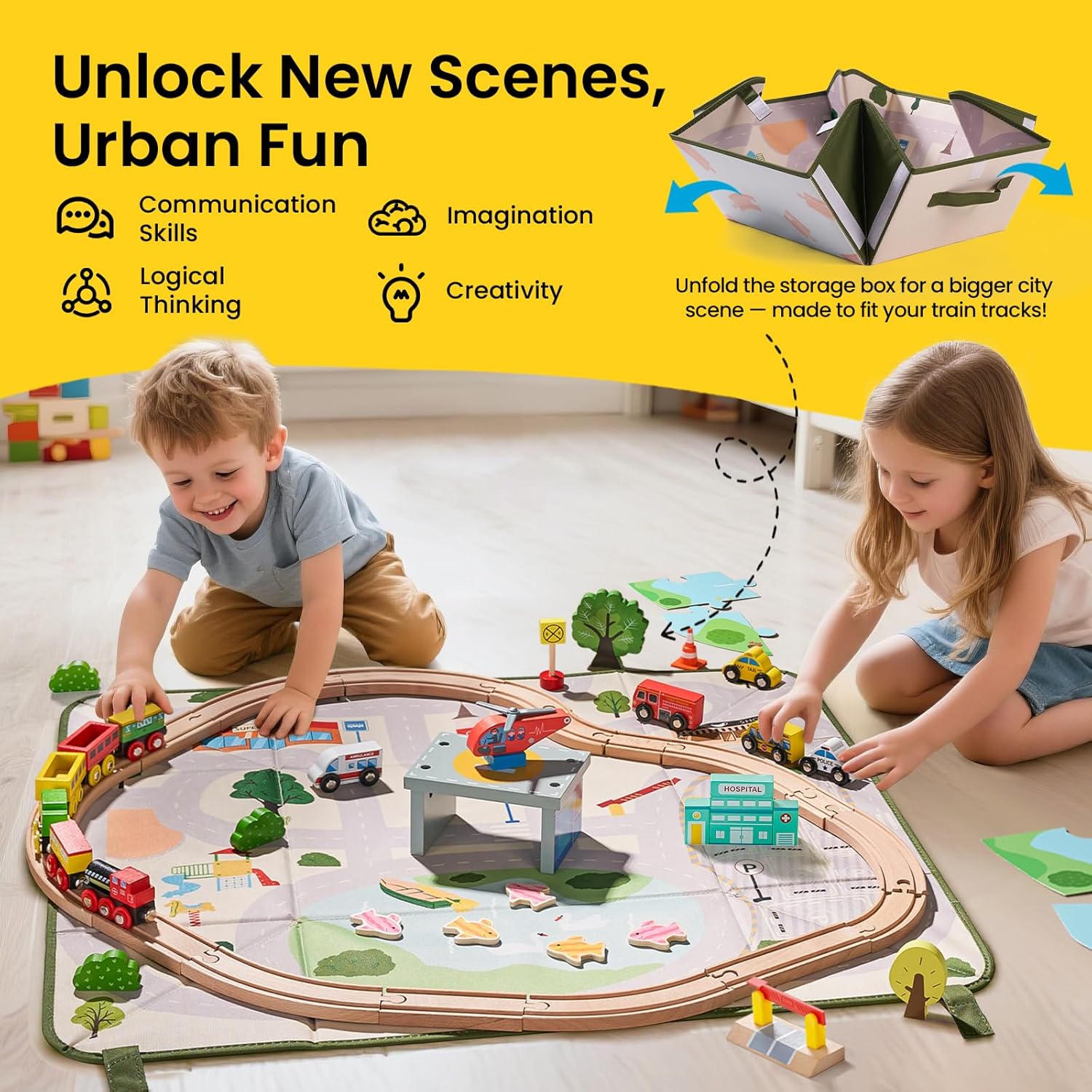 Thumbnail 2 de Tiny Land 110pcs Wooden Train Set with Storage Box
