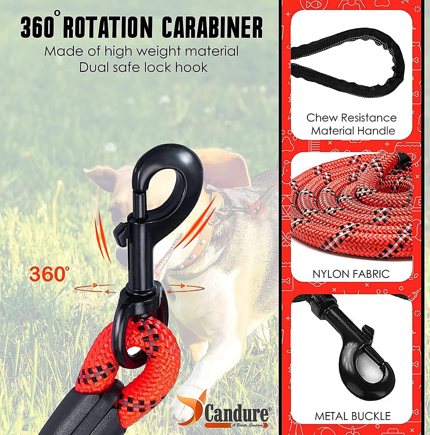 Detalle de Candure Guinzaglio per Cani Elastico Riflettente 5ft: Nylon, Impugnatura imbottita e Clip robusta