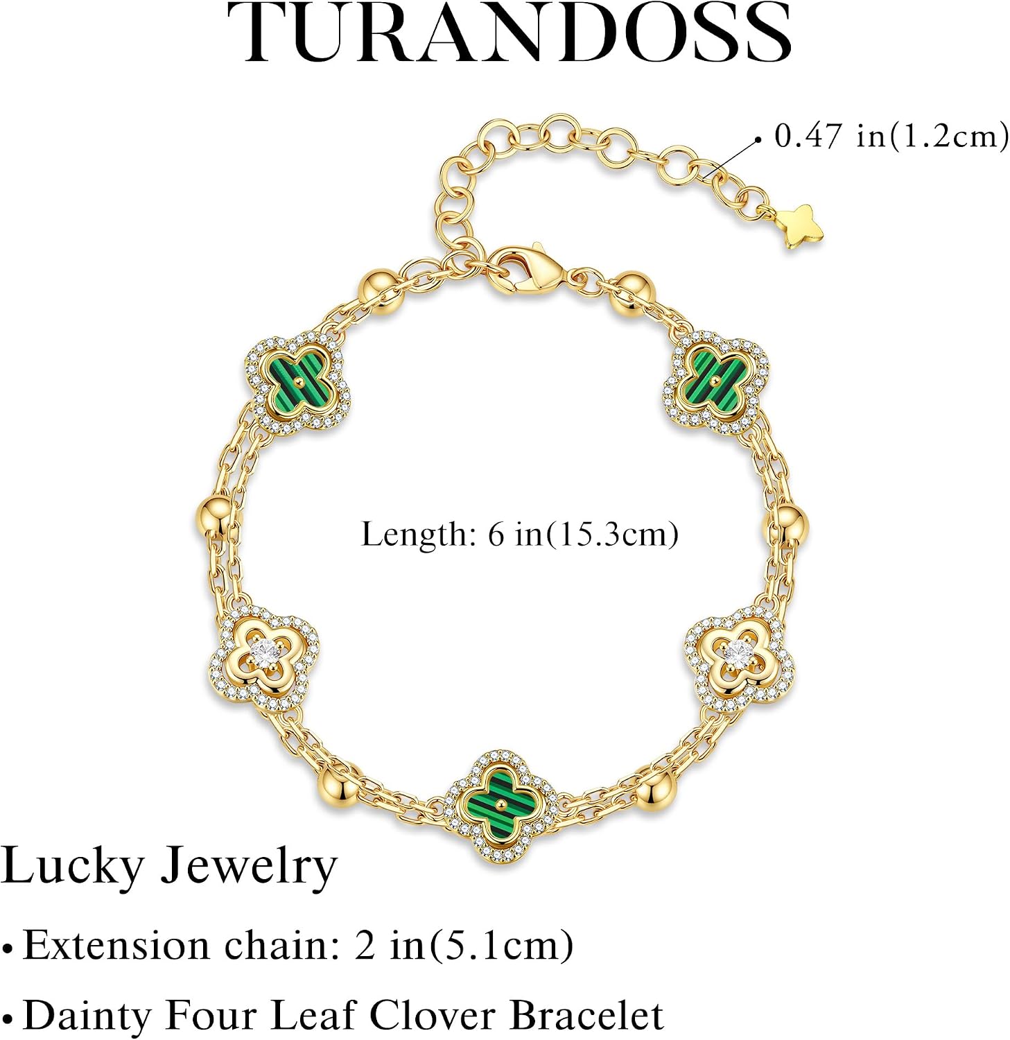 Detalle de Turandoss Armband Damen Gold, 14K Vergoldet – vierblättriges Kleeblatt mit Zirkonia, verstellbar