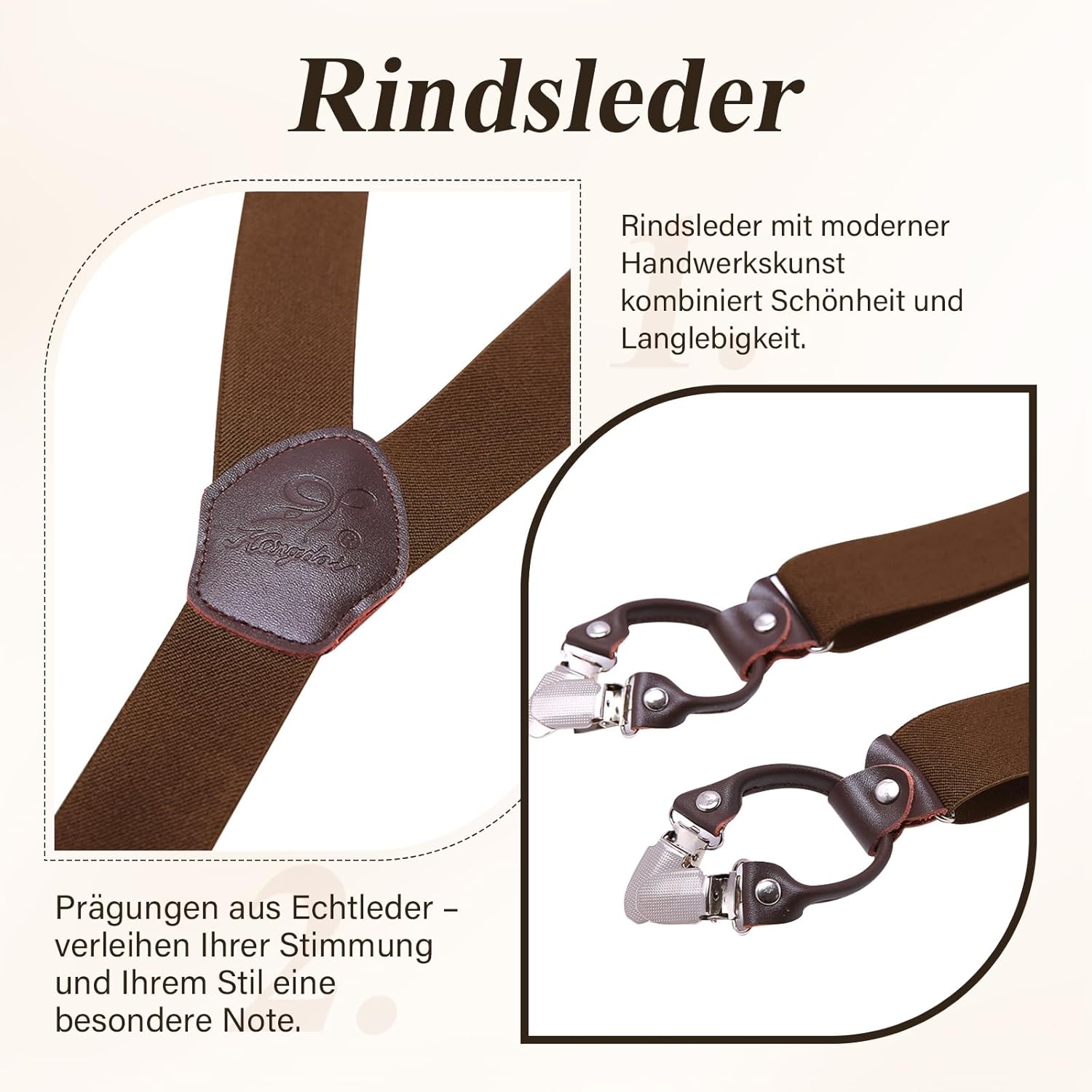 Detalle de KANGDAI Rindsleder Hosenträger für Herren (Breit, Y-Style) mit 6 Metall-Clips, 3,5 cm