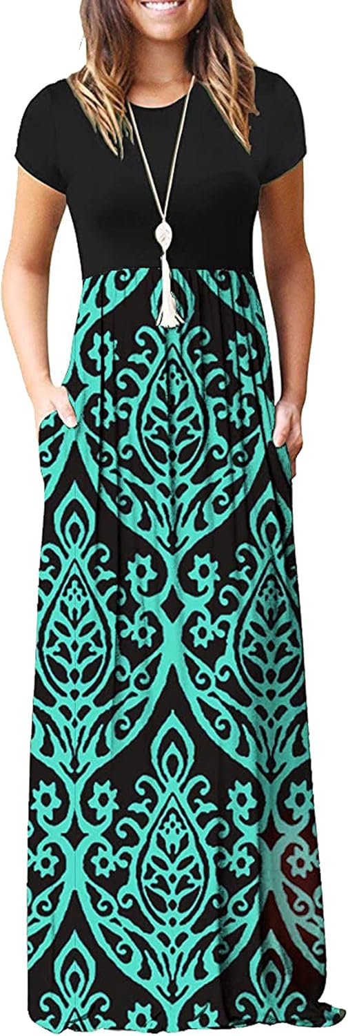 Detalle de AUSELILY Damen Kurzarm Sommer Casual Long Maxi Kleider mit Taschen – locker, bodenlang & mit praktischen Seitentaschen