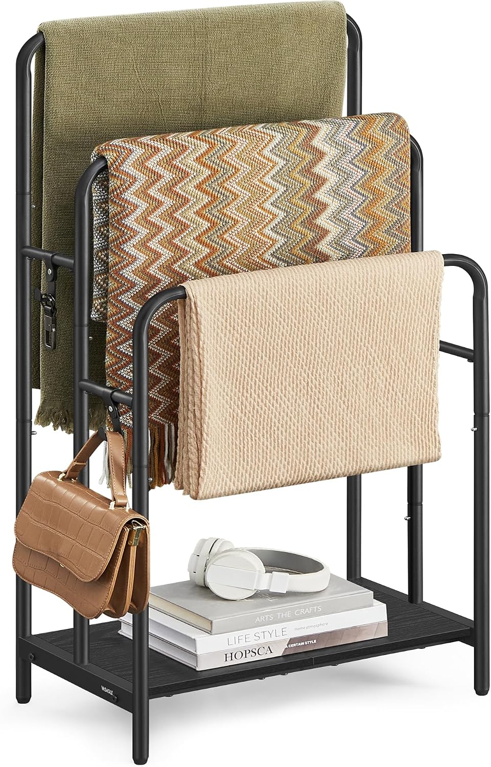 Detalle de VASAGLE LLS009B01 Porte-serviettes sur pied avec 3 barres et étagère de rangement pour salle de bain