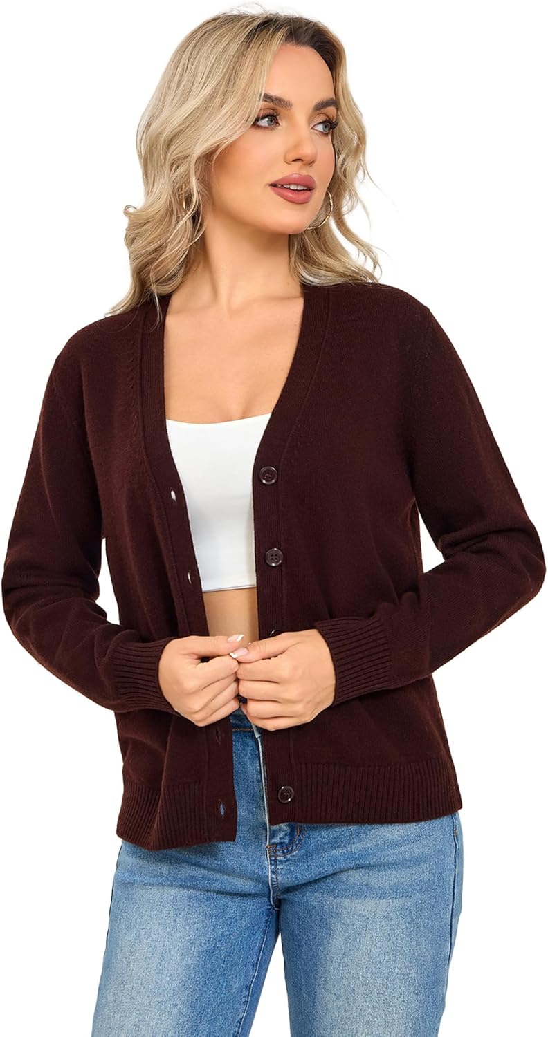 Detalle 2 de VETLURY Damen-Strickjacke aus 100% Merinowolle – V-Ausschnitt, grob offen, Perlmuttknöpfe