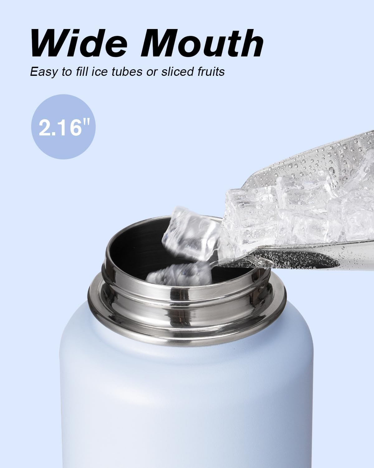 Detalle de Coolflask 32 oz Insulated Water Bottle with Straw — 3 Lids, Wide Mouth, Stainless Steel, Non-BPA, Light Blue