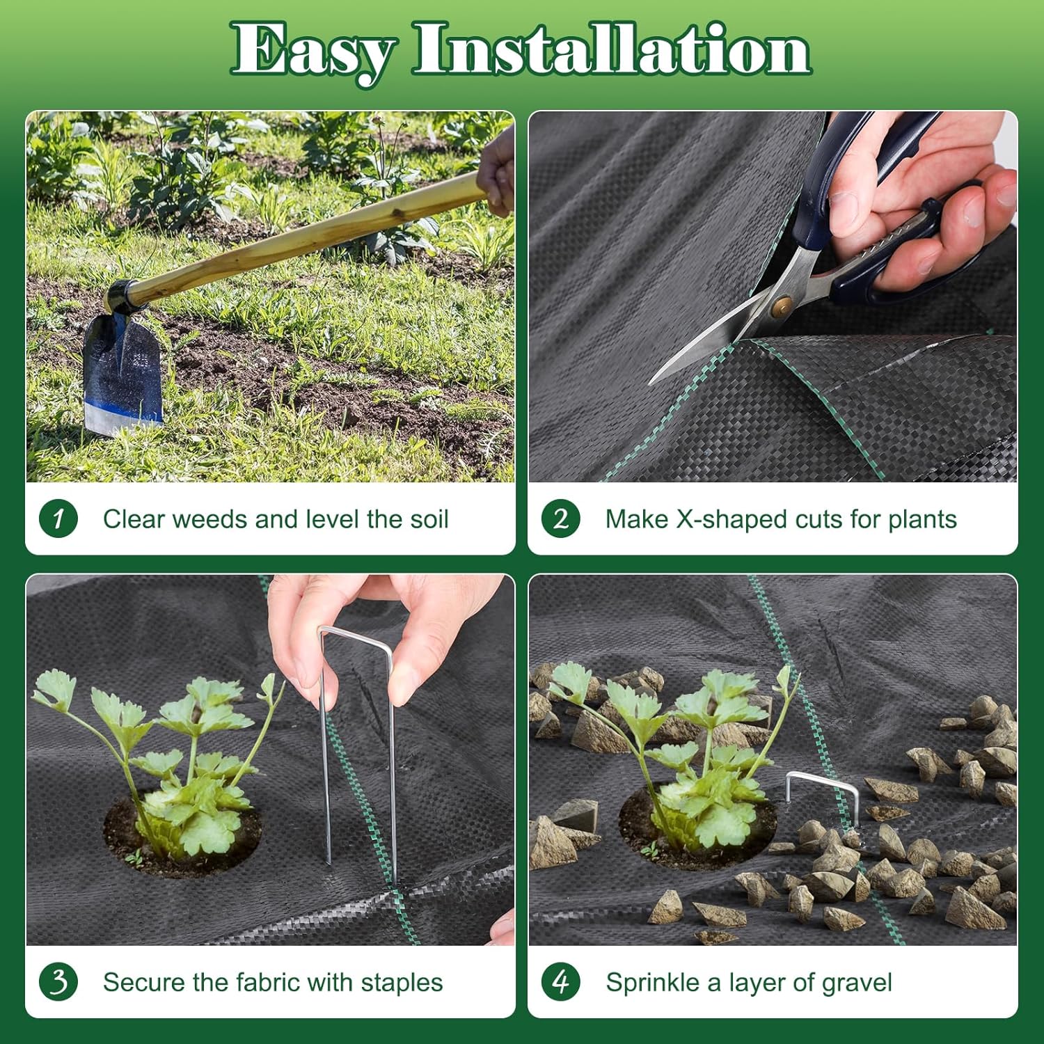 Thumbnail 6 de FEED GARDEN 4FT x 100FT Landscape Fabric Weed Barrier (2 Pack 4x50FT) with 30 U-Shaped Stakes