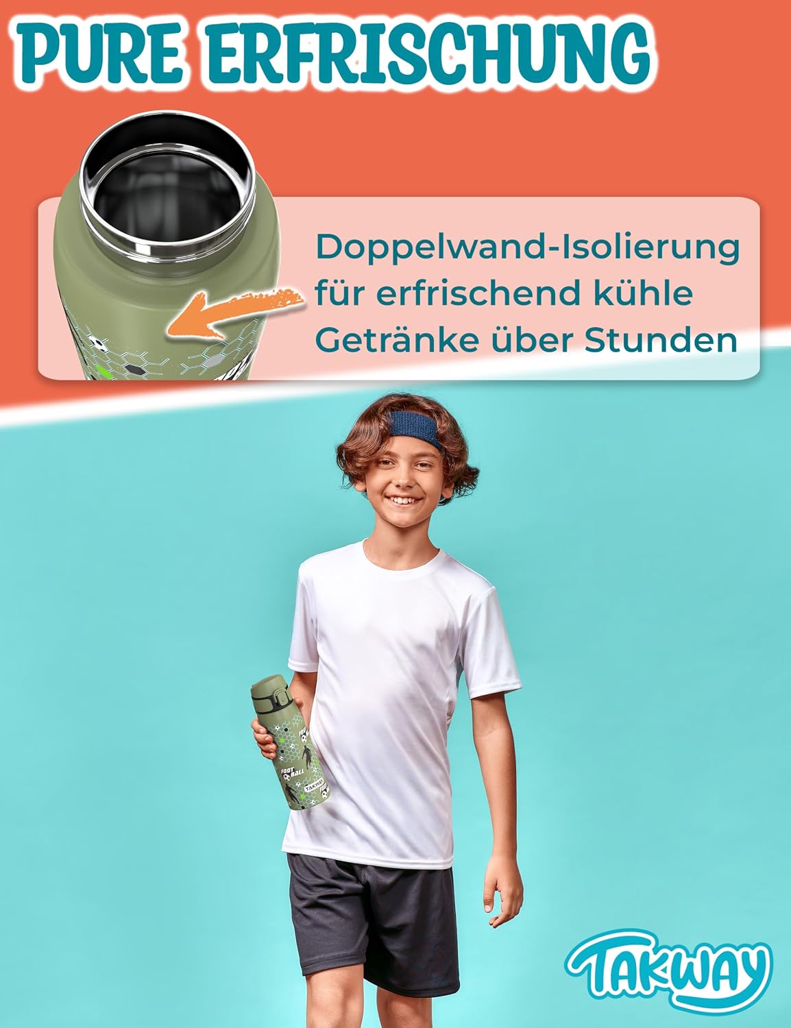 Detalle 2 de TAKWAY Edelstahl Trinkflasche Kinder 550ml Flamingo – auslaufsicher, isoliert und kohlensäuregeeignet