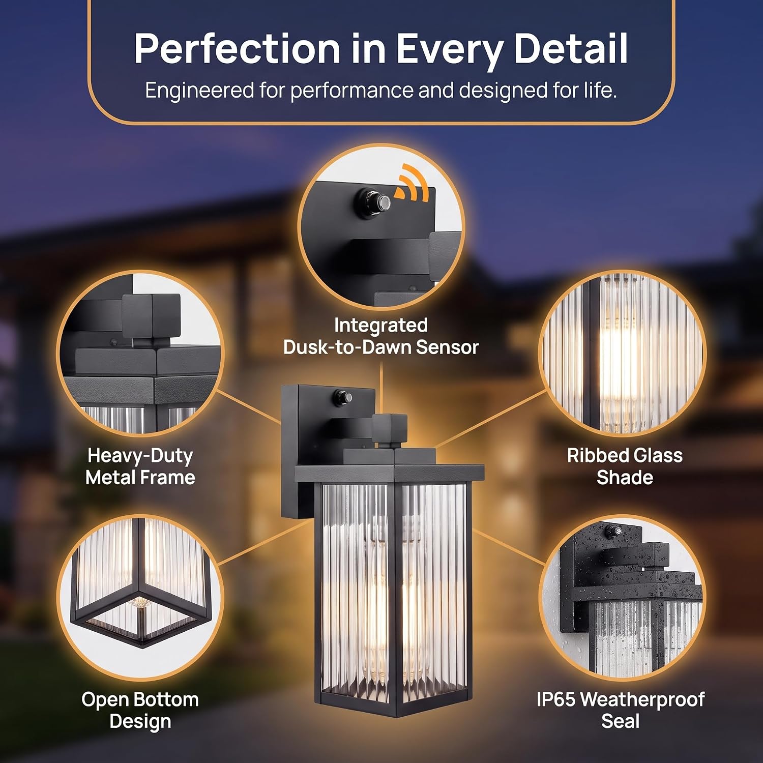 Detalle de hameso G009 Outdoor Wall Light with Ribbed Glass and Dusk-to-Dawn Sensor