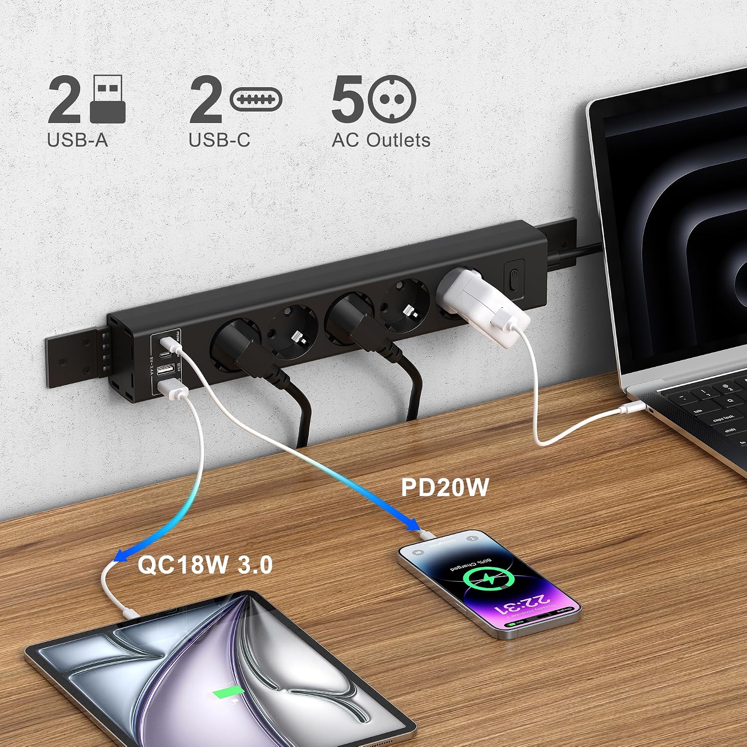 Detalle 1 de Untertisch-Steckdosenleiste mit USB-C 20 W