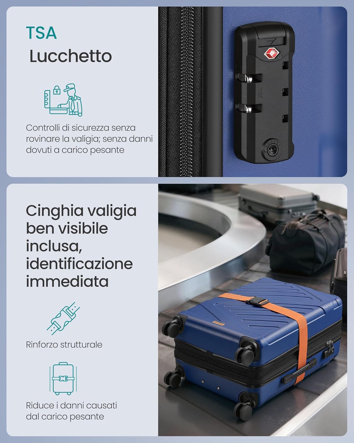 Detalle de SONGMICS Valigia Rigida ABS 65 L con Chiusura TSA, Espandibile, 4 Ruote Doppie, Blu Porto RLP002Q101