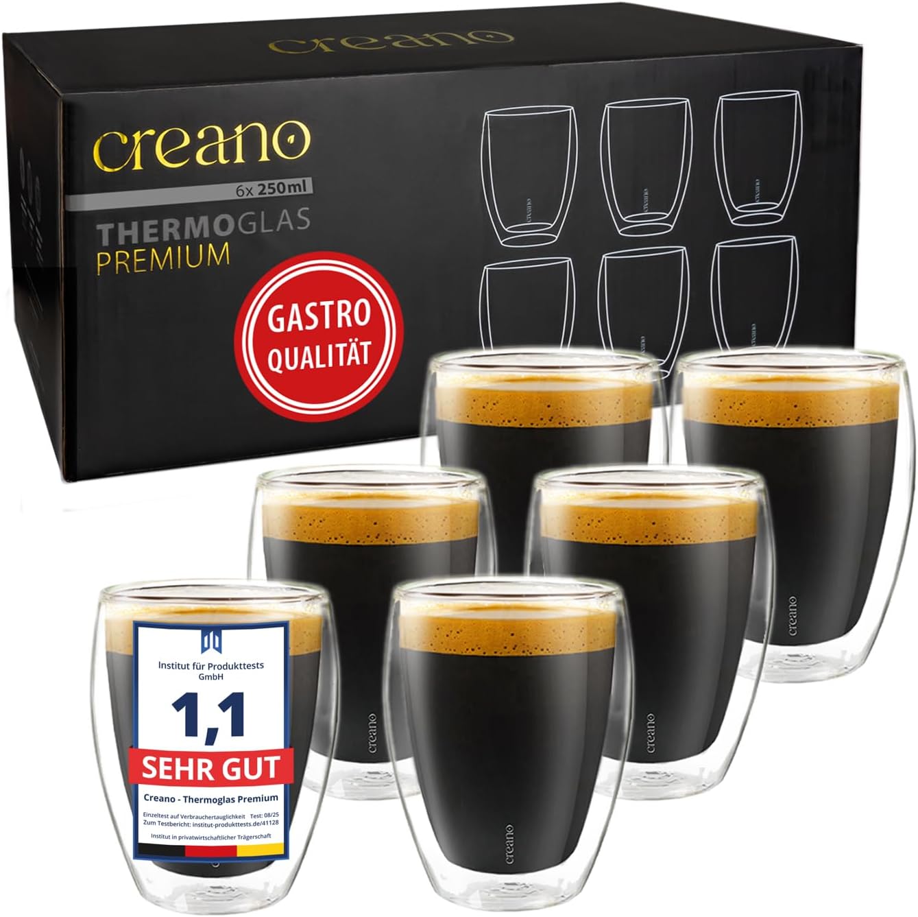 Creano PREMIUM doppelwandige Trinkgläser 250 ml, 6er-Set – ohne versiegetes Loch, spülmaschinenfest