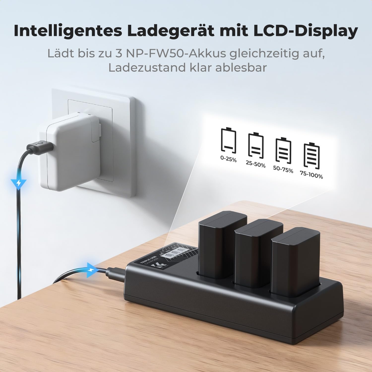 Detalle 2 de K&F CONCEPT NP-FW50 1100 mAh Akku-Set (3er-Pack) + 3-Slot-Dreifach-Ladegerät mit LCD für Sony-Kameras