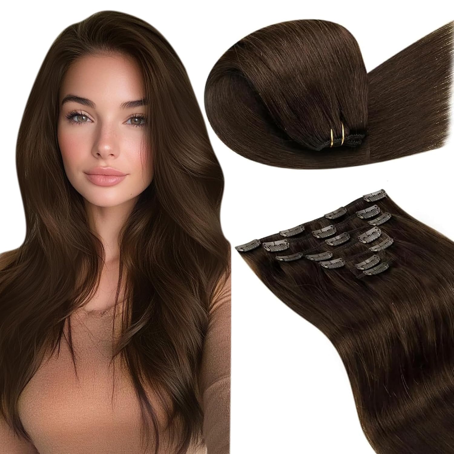 Detalle de LaaVoo Clip-in Echthaar Extensions 50 cm, Dunkelbraun #4 – Remy Echthaar, 105 g