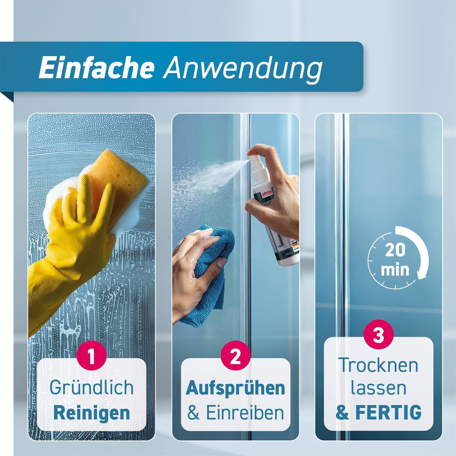 Detalle de PLINTEX Duschglas-Versiegelung 250 ml mit Lotuseffekt – Nano-Beschichtung für Glas, Fliesen und Armaturen (inkl. Mikrofasertuch)