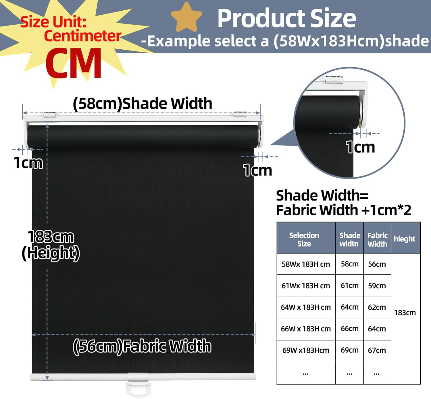 Detalle de SHADEMOON SHADEMOON006-1 Cordless Blackout Roller Shade, Black, 66W x 183H cm